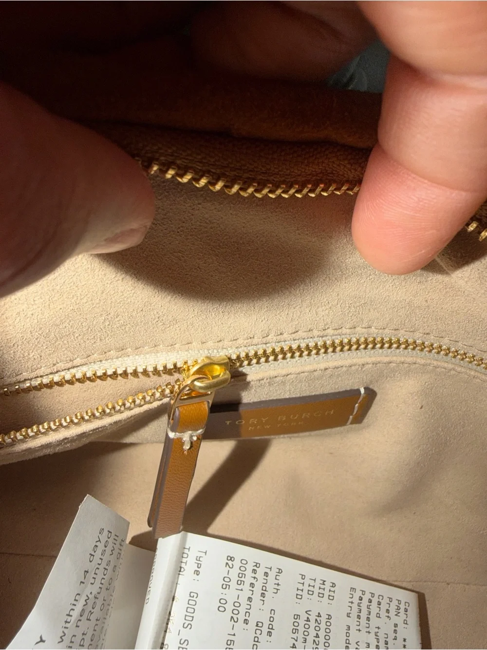 Tory Burch Woven Suede Shoulder Bag in Camel Brown with Gold Logo